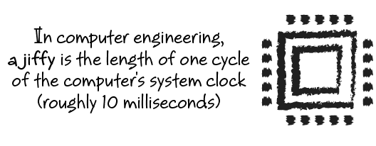 In computer engineering, a jiffy is the length of one cycle of the computer's system clock (roughly 10 milliseconds)